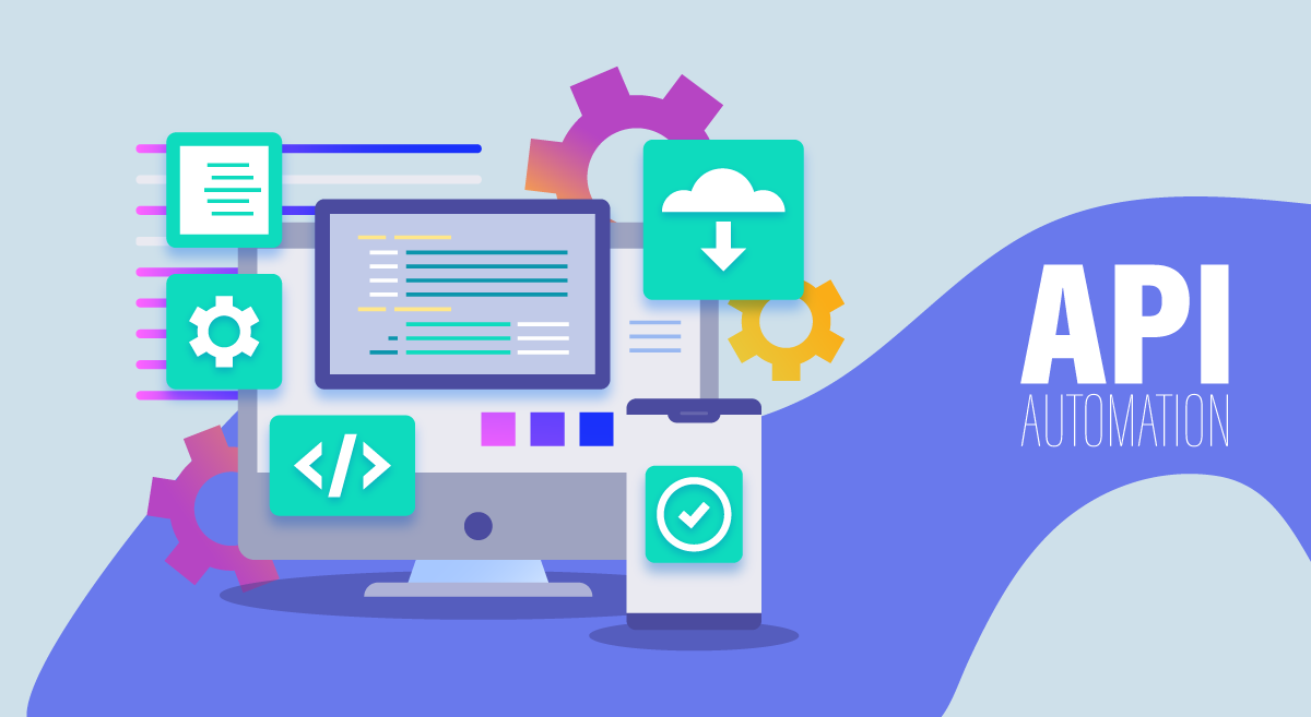 Vector illustration, concept of API with icons of gears, computer, code, mobile phone and cloud.