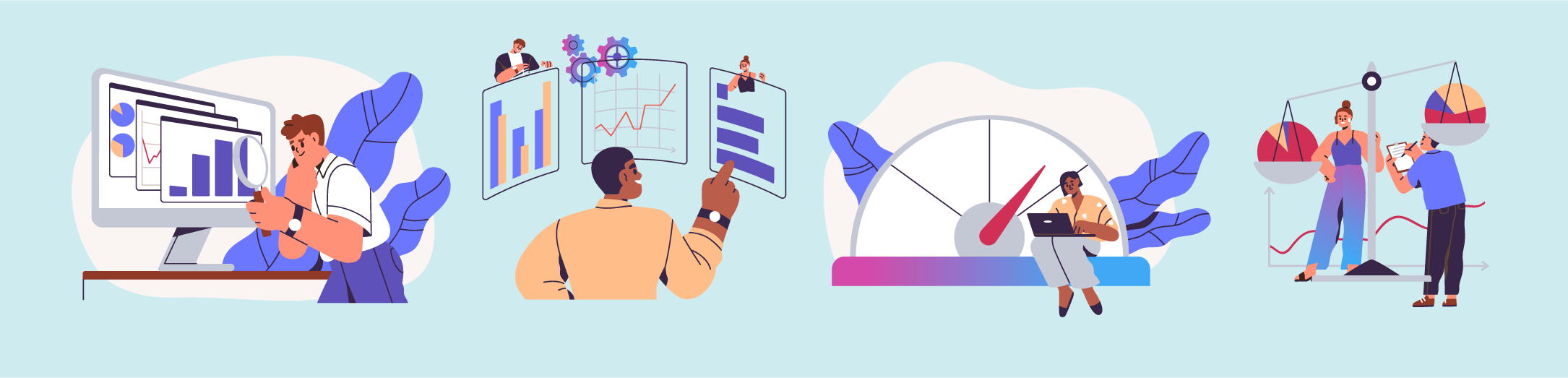 Vector illustration of Performance Testing: Comparing business process, indicators, KPI, performance metrics. Measuring, testing with analysis charts, measuring speed and performance.